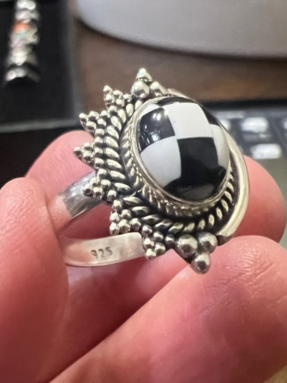Sterling Silver Black & White Onyx checkerboard Dome Statement Ring Size 8